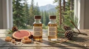 Icons representing Canadian cedarwood and white pine notes used in popular woody cologne comparisons.