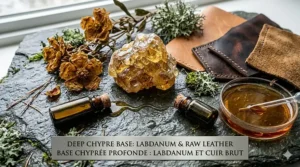 Close-up of golden amber resin and labdanum, providing the warm, leathery undertones found in high-quality men's chypre colognes.