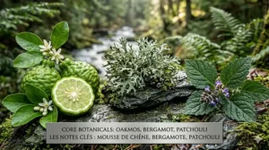 Botanical illustration showing the key notes of chypre cologne for men: bergamot, oakmoss, and patchouli. Les notes de base d'une eau de Cologne chyprée : mousse de chêne et bergamote.