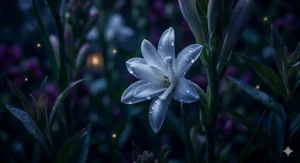 A 4K photorealistic close-up of a single night-blooming tuberose flower in a moody, moonlit Canadian garden setting, bathed in cool, deep midnight blue and purple light with glistening water droplets.