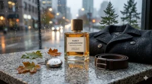 A stylish illustration of a niche woody cologne bottle next to a dark wool coat, perfect for a rainy evening out in Vancouver.