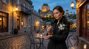 Illustration of a woman in an elegant coat applying night jasmine perfume for an evening out in historic Old Quebec (Vieux-Québec).