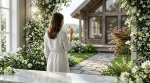 A bright, airy illustration of a woman enjoying the fresh scent of jasmine perfume during a sunny morning in a Canadian garden.