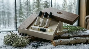 An elegant gift box containing various woody cologne sample sets with a maple leaf accent on the packaging.