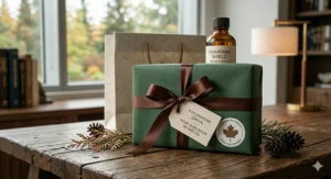Interior view through a rain-streaked window of a Canadian cottage dock, featuring an indoor candle and "Canadian Wildflowers" book.
