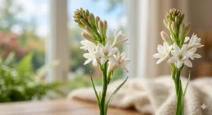 A highly detailed, photorealistic photograph capturing a fresh, dewy tuberose stem with white star-shaped blossoms and a greenish-pink bud, glistening with water droplets in soft, natural morning light filtered through a Canadian window.