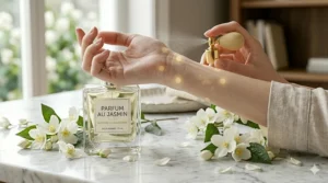 Stylized illustration showing pulse points for applying jasmine perfume to ensure maximum longevity during Canadian summers.