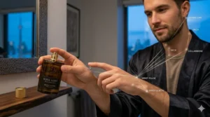 A photorealistic close-up showing a man applying woody cologne to pulse points, with subtle labels indicating the wrist, neck, and collarbone for evening wear.
