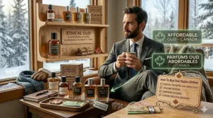 A checklist illustration for Canadians on how to safely "blind buy" affordable oud cologne dupes online by reading notes and reviews.