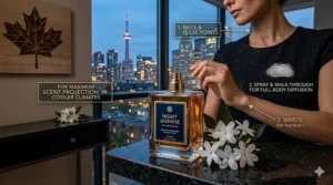 Diagram showing how to apply night jasmine perfume for evening wear to ensure a lingering trail in cooler Canadian climates.
