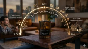 A photorealistic infographic showing a timeline demonstrating the 8+ hours of wear for Boisé Soiré woody cologne, perfect for Canadian evening events.