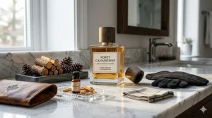 A flat-lay illustration of a niche woody perfume on a marble vanity, reflecting the sophisticated urban style of a Montreal boutique.