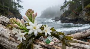 A 4K photorealistic photograph capturing delicate tuberose flowers emerging from weathered driftwood on a rugged British Columbia beach, intertwined with seaweed, sea glass, and salt crystals.
