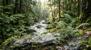 Artistic rendering of a misty boreal forest in British Columbia, evoking the woody and earthy scent profile of masculine chypre fragrances.