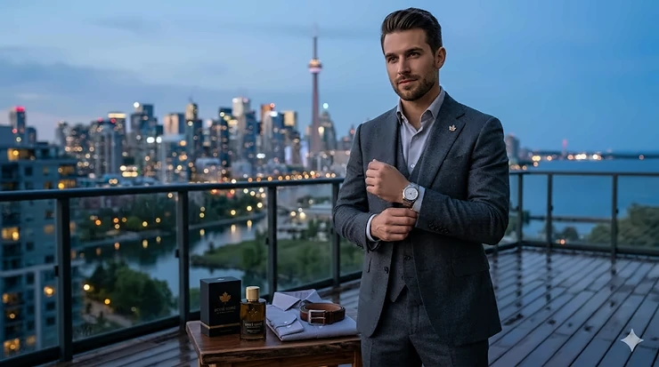 A photorealistic portrait of a sophisticated man in a tailored charcoal suit on a Canadian city rooftop at twilight, paired with a woody cologne for an evening event.