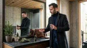 A man applying chypre cologne as the final step of his grooming routine in a modern bathroom. Routine de soins pour hommes avec une colonge chyprée classique.