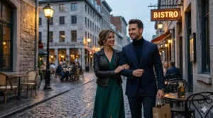 A photorealistic portrait of an elegant Canadian couple on a sophisticated date night in historic Old Montreal at twilight, featuring Boisé Soiré woody cologne.