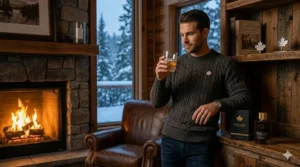 A photorealistic illustration of a sophisticated man with a glass of Canadian rye whisky in a winter lodge, featuring woody cologne branding.