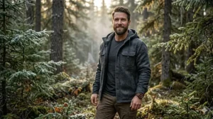 Illustration of a modern man in the Canadian outdoors, representing the adventurous spirit of a pine-based fragrance.