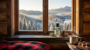 A cozy mountain cabin setting in the Rockies, evoking the rugged and sophisticated vibe of pine cologne for men.
