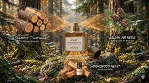 An artistic breakdown of niche woody cologne scent notes featuring Canadian cedarwood, sandalwood, and hints of smoky maple.