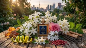 Botanical illustration of night-blooming jasmine petals and dark berries, ideal for a sophisticated evening wear scent profile.