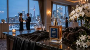 Illustration of a night jasmine perfume bottle next to a silk evening gown and a faux-fur wrap for a Canadian winter gala.