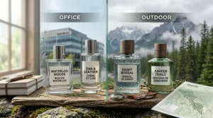 A lifestyle matrix showing which woody colognes are best for professional office settings versus outdoor activities in Canada.