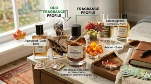 An artistic breakdown of oud fragrance notes, featuring agarwood, amber, and spice, designed for Canadian shoppers seeking affordable cologne alternatives.