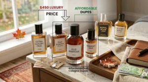 A side-by-side illustration comparing a high-end designer oud bottle with an affordable oud cologne dupe, featuring Canadian dollar signs to show savings.