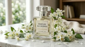 Artistic rendering of a perfume bottle with the text "Parfum au Jasmin" to appeal to the French-speaking Canadian market.