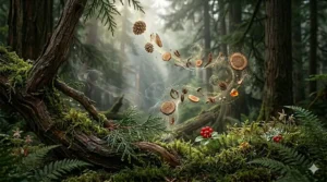 Elegant graphic featuring Parfum Boisé and woody cologne longevity visualized through a 24-hour cycle in the Canadian wilderness.