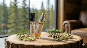 Stylized illustration of cologne samples surrounded by pine needles and forest moss, evoking the Canadian outdoors.