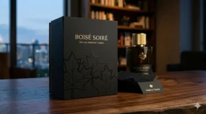 A photorealistic close-up of a luxurious black gift box for Boisé Soiré woody cologne with gold foil branding and a Canadian maple leaf watermark.