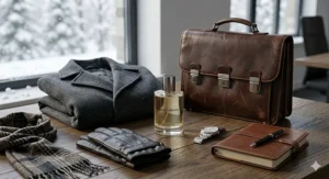 A well-dressed professional commuting in downtown Montreal, wearing a long-lasting woody cologne for the office.