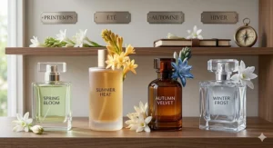 A 4K photorealistic illustration of a refined Canadian fragrance wardrobe on a wooden shelf featuring four tuberose perfume bottles for different seasons, with bilingual engraved plaques: Printemps, Été, Automne, and Hiver.