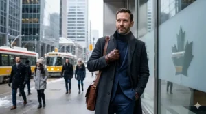 A well-dressed man in a wool overcoat in downtown Toronto, symbolizing the sophisticated urban appeal of chypre cologne.