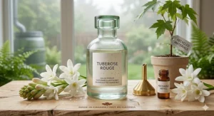 A 4K photorealistic photograph of a refillable artisan tuberose perfume bottle made of recycled green-tinted glass, labeled with bilingual text Made in Canada / Fait au Canada on a light maple surface.