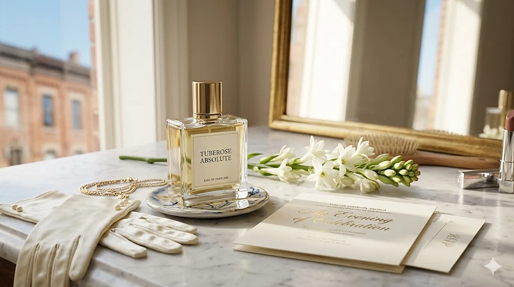 Luxury tuberose perfume for special occasions on a vanity, perfect for a high-end Canadian gala or wedding. Parfum à la tubéreuse pour occasions spéciales.