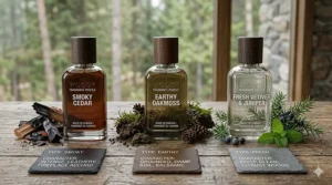 Alt text for image 7: Comparison chart of woody cologne types for men, from smoky cedar to earthy balsam notes.