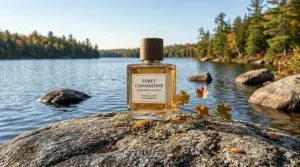 A minimalist graphic showing a gender-neutral niche woody cologne bottle resting on a rugged granite rock in the Muskoka wilderness.