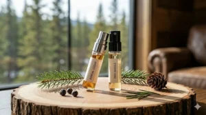Unisex woody cologne samples in travel-sized sprays, ideal for a weekend getaway to the Rocky Mountains.
