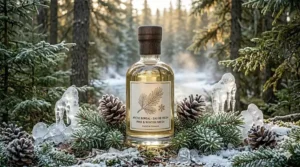 Visual representation of "winter fresh" scent profile featuring snow-dusted pines and a cool blue color palette.