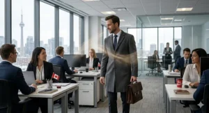 A flat-lay illustration featuring a winter coat, leather briefcase, and woody cologne for office use during Canadian winters.