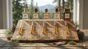 A performance chart comparing the longevity and sillage of leading woody colognes available at Canadian retailers.