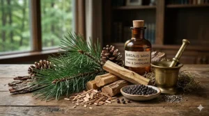 Alt text for image 2: Illustration of natural woody fragrance ingredients including Canadian pine and sandalwood for men's cologne.