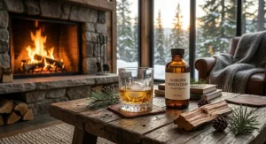 High-detail illustration of a rustic Canadian log cabin at dusk with warm candles and a campfire by the water.
