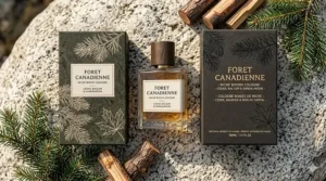 Close-up illustration of luxury fragrance packaging with bilingual English and French text, highlighting niche woody cologne quality.