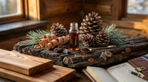 Visual breakdown of woody base notes featuring pine cones and cedarwood, popular in Canadian men’s grooming.