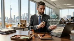A professional person in a modern Canadian office setting, subtly highlighting how affordable oud cologne dupes can be subtle enough for daily work wear.